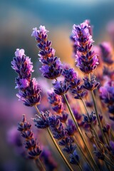 Obraz premium Vibrant lavender blooms in a soft sunset glow create a tranquil atmosphere in a blooming field