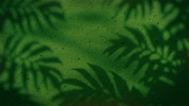 4K Seamless loop of tropical leaf shadows on textured green wall, swaying plant silhouettes with copy space, botanical animation overlay for eco branding, motion graphics, presentation background