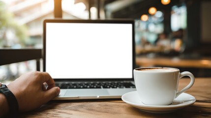 Fototapeta premium Remote worker scene showing coffee drinker using blank screen laptop in cafe setting..