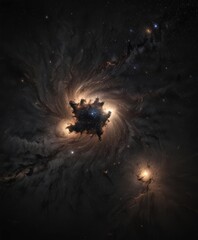 Vast star cluster, swirling nebulae, brilliant starlight, inky black backdrop ,  shimmer,  shine