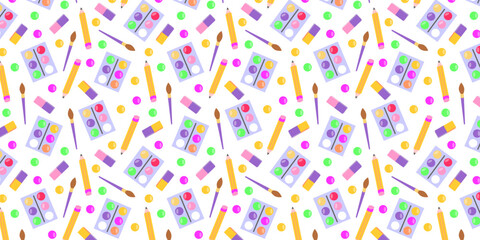Seamless background with colorful school art supplies. Paint palettes pattern, brushes, and pencils scattered in playful design.