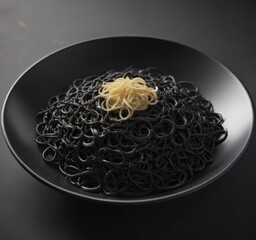 Deep black plate, glossy spaghetti strands glistening ,  food-photography,  food,  macro