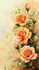 Obraz premium Vintage Victorian floral pattern with orange roses and green leaves, beige background