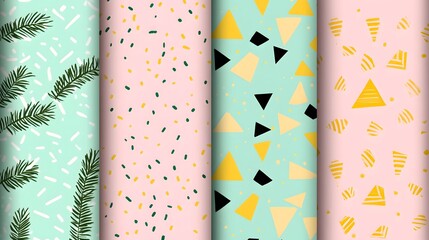 Four Abstract Seamless Patterns: Geometric Triangles, Confetti, and Pine Branches
