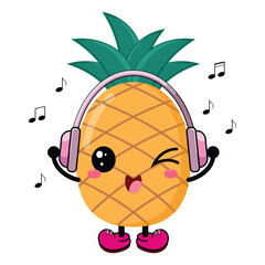Cute And Sweet Pineapple Cartoon Listening To Music Happily Clipart Illustration