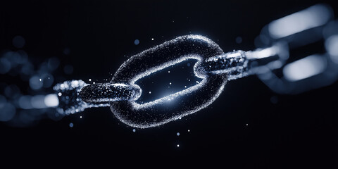 Abstract digital chain link made of glowing particles on dark background, symbolizing cybersecurity and blockchain encryption
