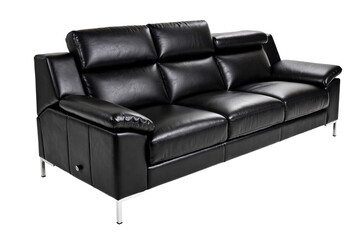 Obraz premium Sleek black genuine leather three-seater sofa featuring modern design with slim polished metal legs, luxurious and comfortable contemporary living room furniture isolated on a transparent background