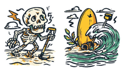 Playful Skeleton Walking with a Surfboard and Ocean Waves Art Design