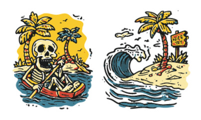 Obraz premium Skeleton in a Canoe and Tropical Scene with Waves and Palm Trees