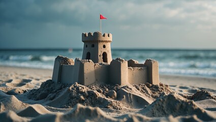Sandcastle on the beach with ocean waves, featuring a tower with a red flag, summer scene, and seaside setting.