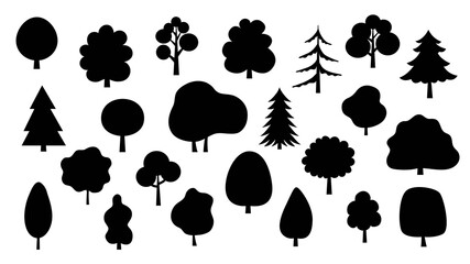 Big set of tree silhouettes isolated on white background. Tree icon or logo vector illustration