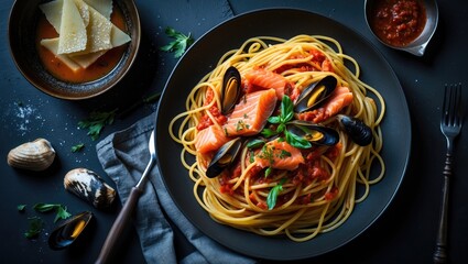 Plate of seafood pasta with mussels, salmon, and herbs on a black plate, accompanied by a bowl of Parmesan cheese and tomato sauce.
