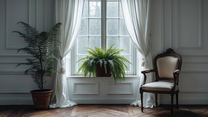 Fototapeta premium A cozy interior with large window, potted fern and armchair, classic decor, elegant white walls, and hardwood floor.