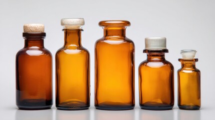 A 4K photo of amber Glass Medicine Bottles with White Caps - Pharmaceutical Products on white background.