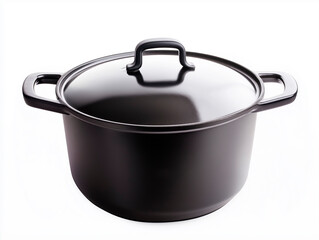 An empty cast iron Dutch oven stewing pot, ready for cooking, in a clear white background.