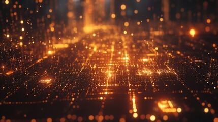 Futuristic digital landscape with golden glowing particles and data streams