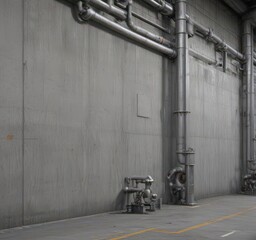 Grey concrete wall, industrial pipes, metallic machinery  Factory setting ,  background,  rough,  grey texture