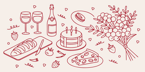 Set of vector  celebration icons with sweet dessert and drink illustrations