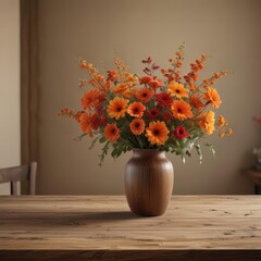 Rustic wood table, warm-toned autumn flowers in vase, bouquet, floral, wood