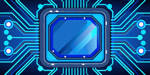 A vintage television screen with a blue circuit board background displays retro technology and communication symbols