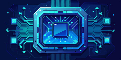 Blue printed circuit board with glowing electronic chips representing high-tech computing and digital information systems