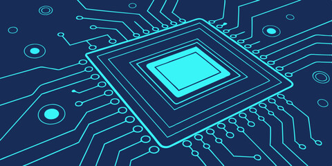 Blue printed circuit board background with computer chip pattern for digital technology and electronics design