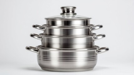 A 4K photo of stacked Stainless Steel Pots: A Timeless Kitchen Essential on white background.