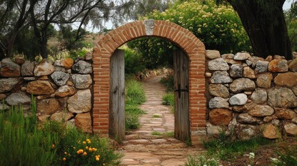 Garden Door. Old Stone Arch Entrance Wall with Pathway and Brick Gate