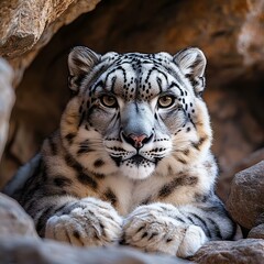 Obraz premium A stunning portrait of a snow leopard resting among rocks, showcasing its beautiful spotted fur and piercing eyes in a natural habitat.