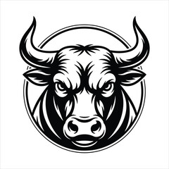 Fierce Bull Head Vector Illustration – Black and White Angry Bull Mascot Logo Design