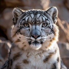 Obraz premium A close-up portrait of a majestic snow leopard, showcasing its striking features and piercing gaze against a blurred rocky background.