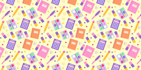 Back to school background, vector pattern with colorful school items. Pastel stationery scattered in playful design.