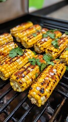 Grilled corn on the cob garnished with fresh cilantro, showcasing rich, golden kernels charred to perfection on a barbecue grill, an inviting dish for summer gatherings.