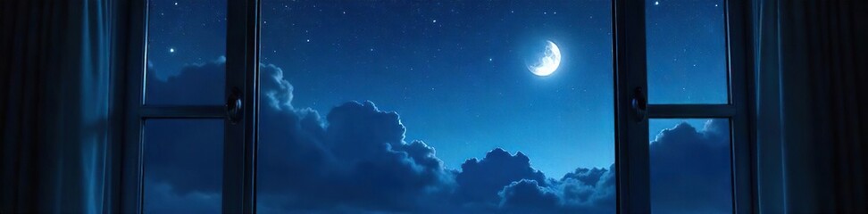 Dark, starlit night sky visible through a bedroom window, moonlit clouds partially obscuring the celestial view  Perfect for peaceful, dreamy themes ,  stars,  shadows