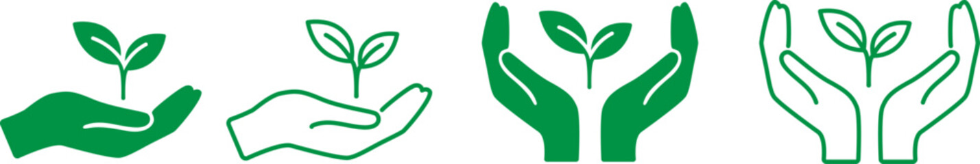 Green icons representing eco-friendly values with hands nurturing a sprouting plant. Includes both outline and solid versions, perfect for sustainable themes. Vector EPS 10