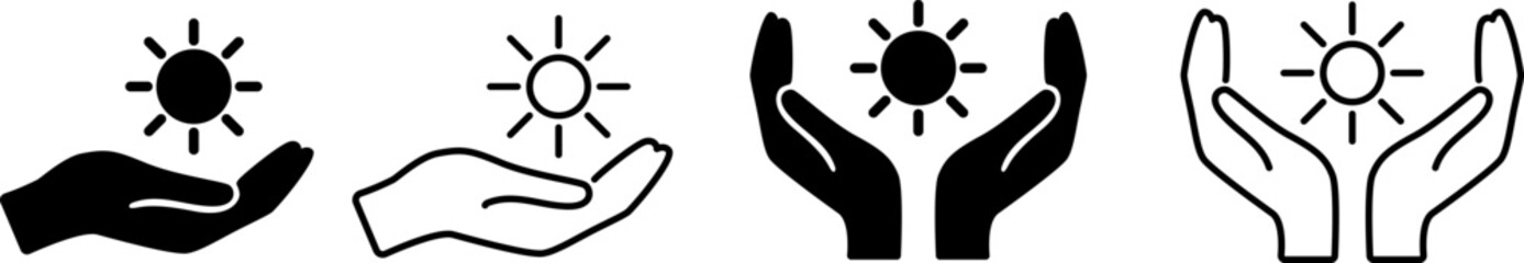 Icon set of hands holding the sun, symbolizing warmth, solar energy, care, and positive power. Includes both solid and outline vector versions. Vector EPS 10