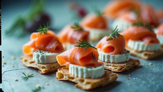 Appetizer with smoked salmon, cream cheese, and herbs on crispy crackers. Gourmet snack, food presentation, appetizer ideas. The concept of party appetizers and gourmet foods.