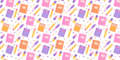 Vector seamless pattern of school stationery. Cute pastel school background with supplies like pencils, glue, and notebooks in a fun layout.