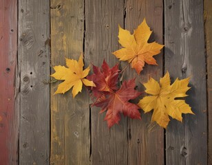 Crisp maple leaves in shades of yellow and crimson atop weathered planks , image, illustration, texture