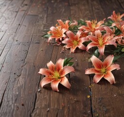 Vibrant lily blossoms scattered on wood surface  ,  style,  texture,  macro
