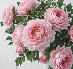 Fresh pink rose and peony bunch, elegant floral arrangement, white backdrop ,  bloom,  delicate