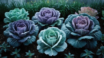 Obraz premium Colorful ornamental cabbages growing in a garden bed.