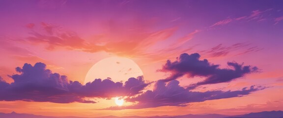 Dreamy sunset watercolor sky, vibrant orange and purple blend ,  clouds,  purple
