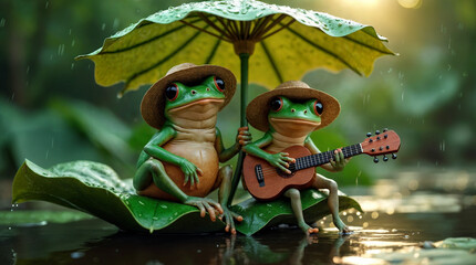 Obraz premium Two frogs are sitting on a leaf with an umbrella over them