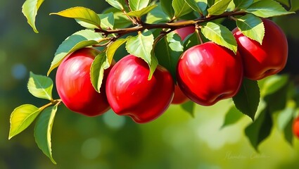 Cluster of ripe reds  apples  , growing on a tree branch, surrounded by lush green leaves, captured in bright natural light in the open air. 