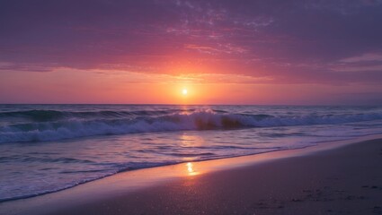Sunset over the ocean with waves and reflection on the sand, capturing a tranquil moment on the beach. Beautiful natural scenery at dusk.