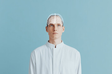 Futuristic hologram brain portrait showing AI-human symbiosis, neural network circuitry, glowing synthetic fusion, cognitive interface, biomechatronic nodes, augmented mind, and digital consciousness