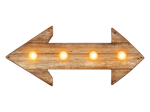 Rustic Wooden Arrow with Light Bulbs on Transparent Background