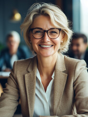 Portrait of a confident businesswoman in a modern office, dressed elegantly.