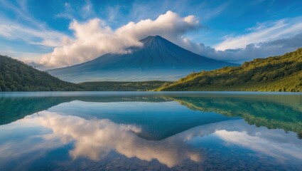 Mountain volcano in Japan with reflection in the lake and sky with clouds